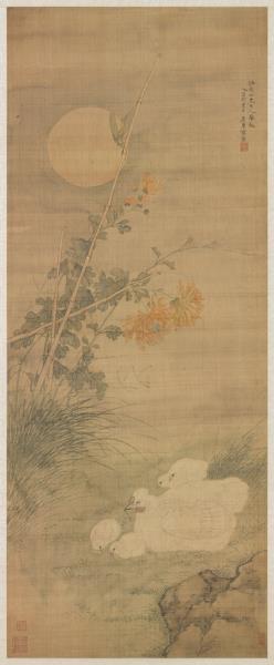 清居巢菊下雞雛　軸