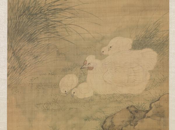 清居巢菊下雞雛　軸