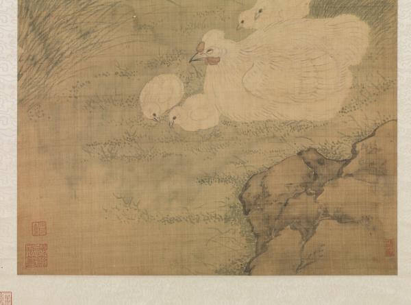 清居巢菊下雞雛　軸