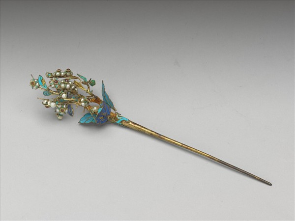 銀鍍金鑲珠梅花簪