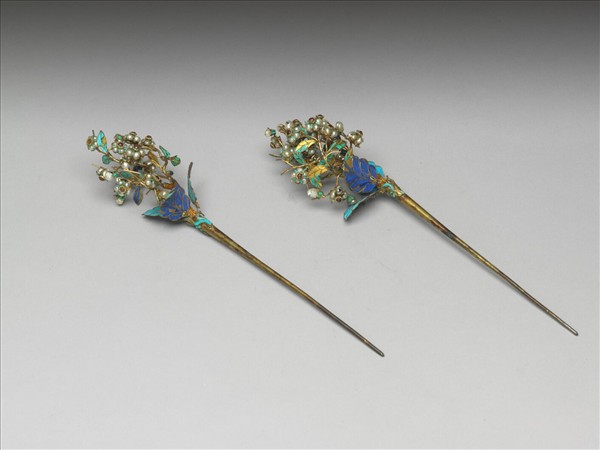 銀鍍金鑲珠梅花簪