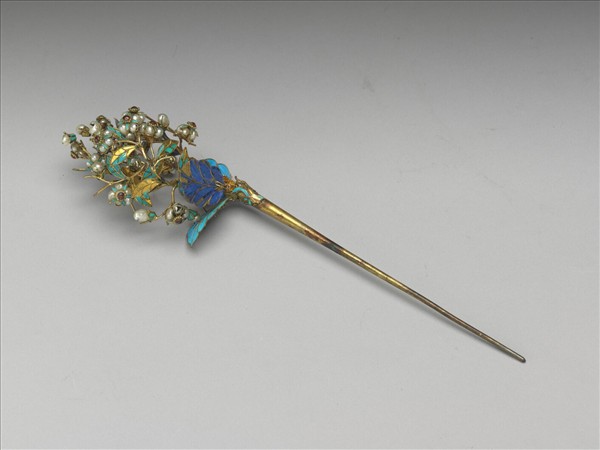 銀鍍金鑲珠梅花簪