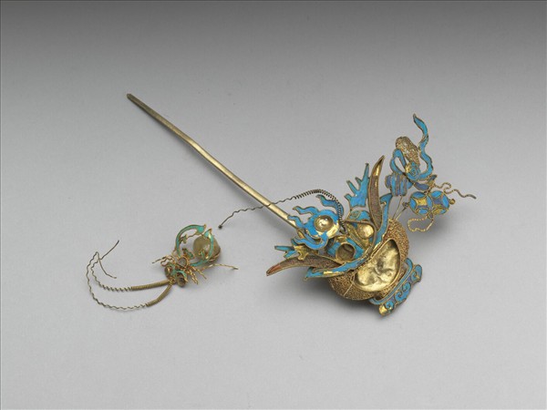 鍍金點翠盆花簪