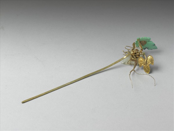 鍍金點翠嵌玉花蝶簪