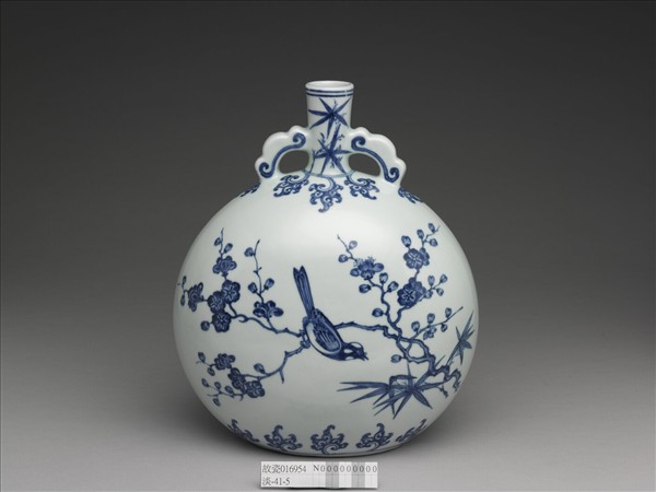 青花花鳥紋如意耳扁壺