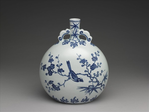 青花花鳥紋如意耳扁壺