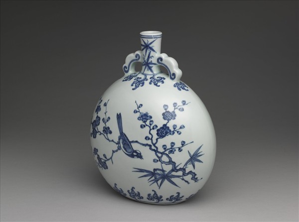 青花花鳥紋如意耳扁壺