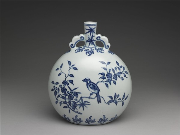 青花花鳥紋如意耳扁壺