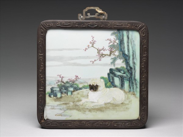 粉彩花卉名犬瓷板