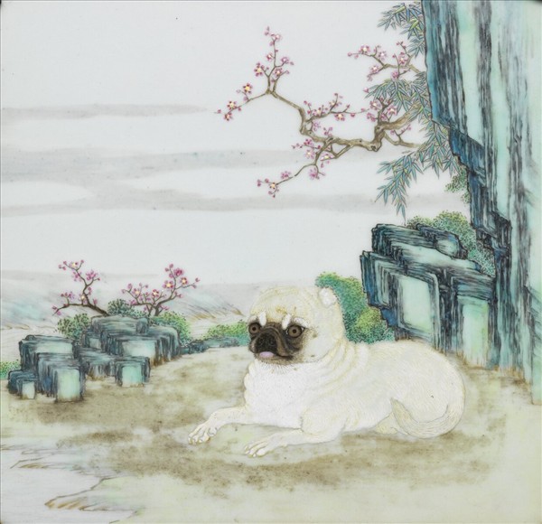 粉彩花卉名犬瓷板