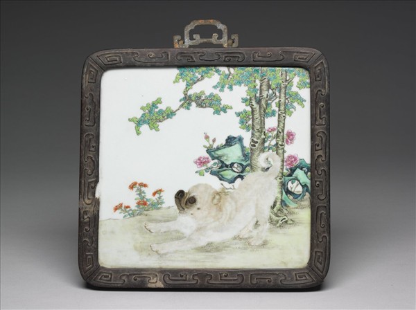 粉彩花卉名犬瓷板