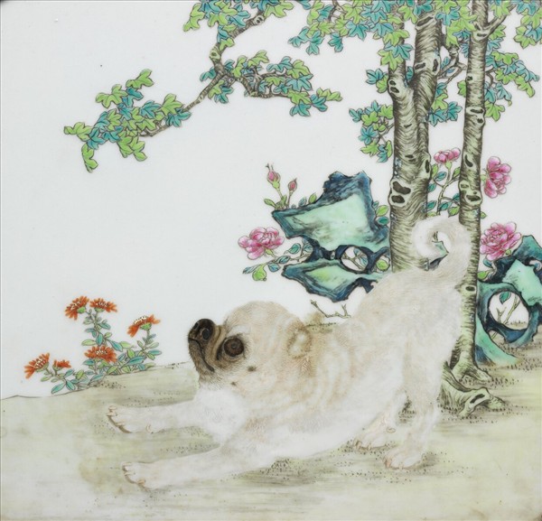 粉彩花卉名犬瓷板