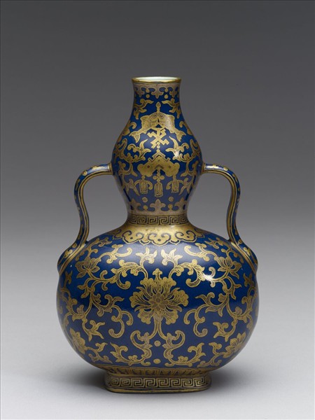 霽青釉描金番蓮紋雙耳葫蘆瓶