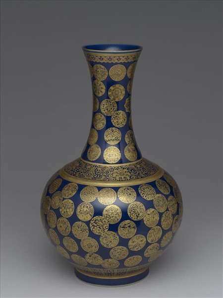 霽青釉描金團花壽字紋瓶