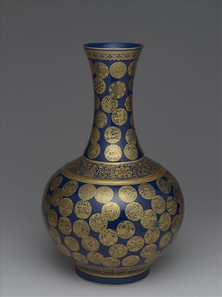 霽青釉描金團花壽字紋瓶