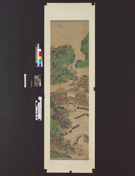 無款青綠漢宮夜宴圖四屏　鏡片　虹橋