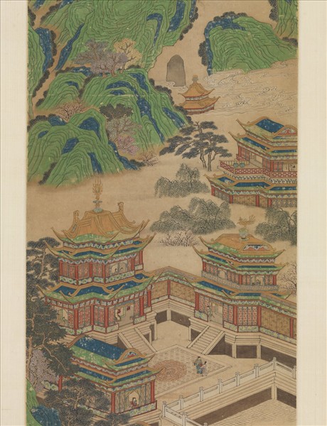 無款青綠漢宮夜宴圖四屏　鏡片　虹橋