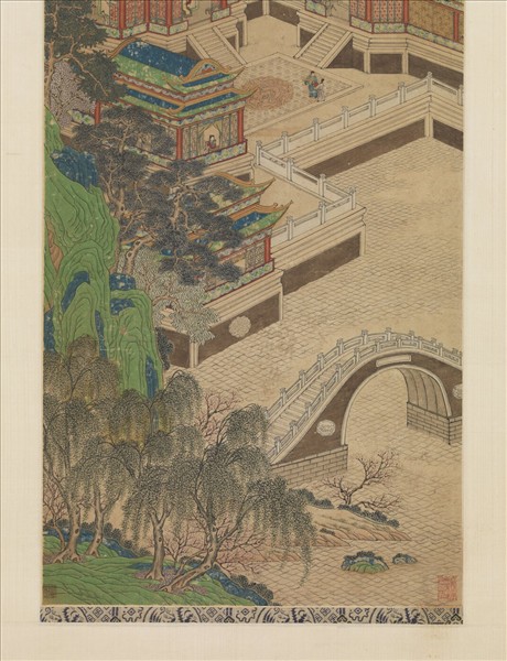 無款青綠漢宮夜宴圖四屏　鏡片　虹橋