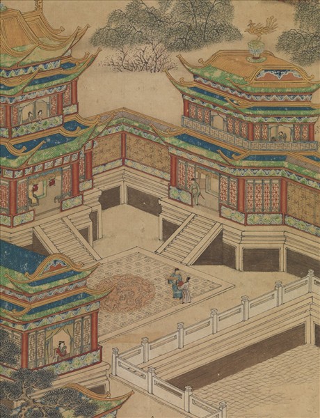 無款青綠漢宮夜宴圖四屏　鏡片　虹橋