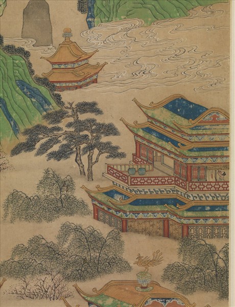 無款青綠漢宮夜宴圖四屏　鏡片　虹橋