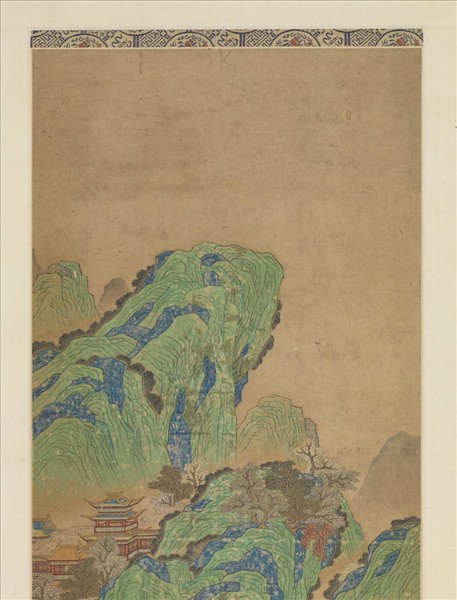 無款青綠漢宮夜宴圖四屏　鏡片　朱欄玉砌