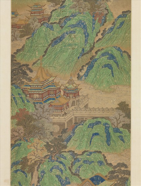 無款青綠漢宮夜宴圖四屏　鏡片　朱欄玉砌