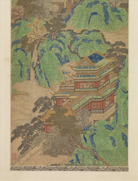 無款青綠漢宮夜宴圖四屏　鏡片　朱欄玉砌