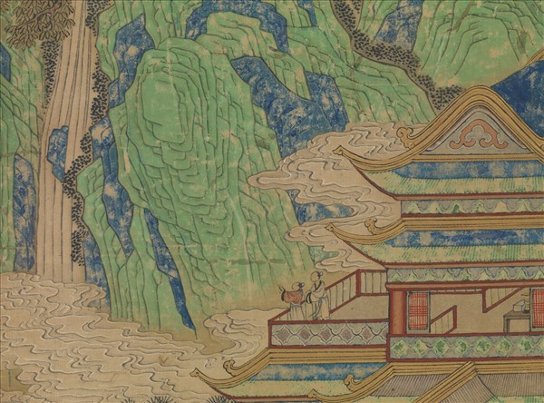 無款青綠漢宮夜宴圖四屏　鏡片　朱欄玉砌