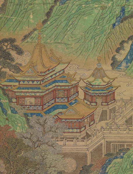 無款青綠漢宮夜宴圖四屏　鏡片　朱欄玉砌