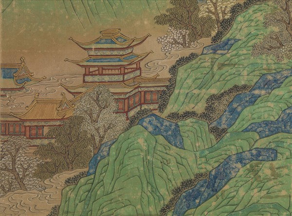 無款青綠漢宮夜宴圖四屏　鏡片　朱欄玉砌