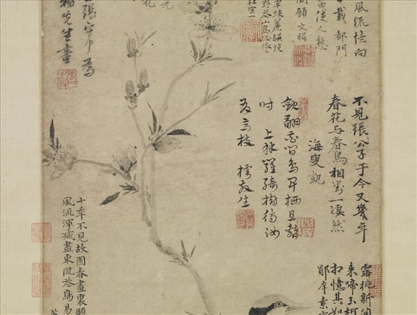 元張中桃花幽鳥　軸