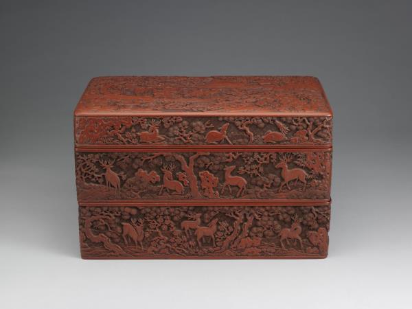 剔紅鹿苑長春圖多寶格長方盒