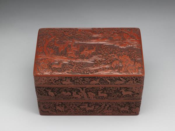 剔紅鹿苑長春圖多寶格長方盒