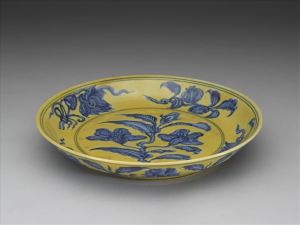 黃釉青花花果盤