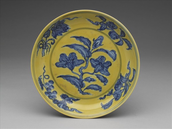 黃釉青花花果盤