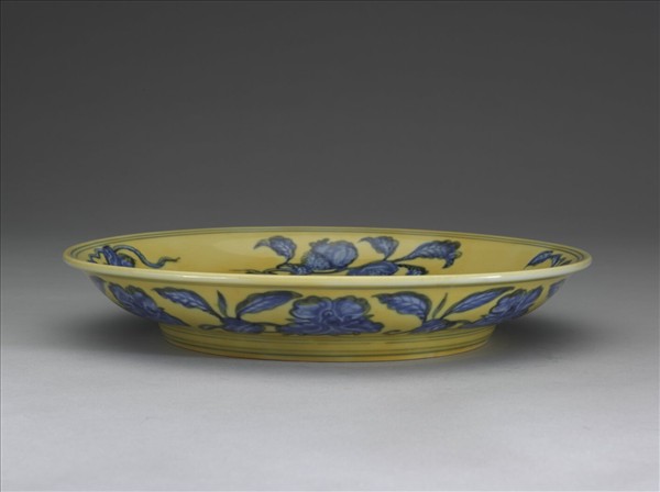 黃釉青花花果盤