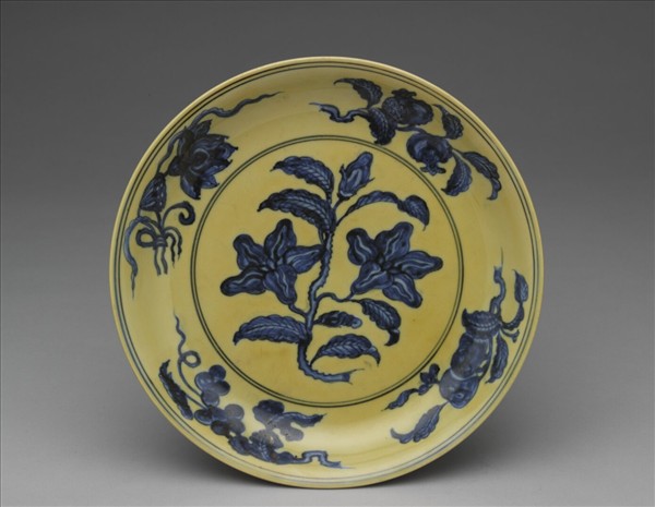 黃釉青花花果盤
