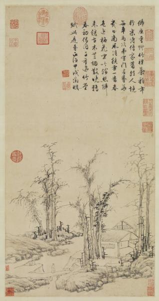 明文徵明疏林茆屋　軸