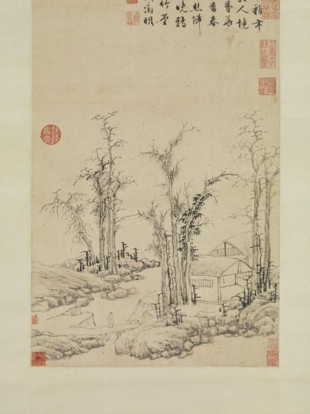 明文徵明疏林茆屋　軸