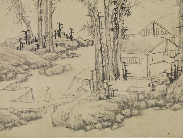 明文徵明疏林茆屋　軸