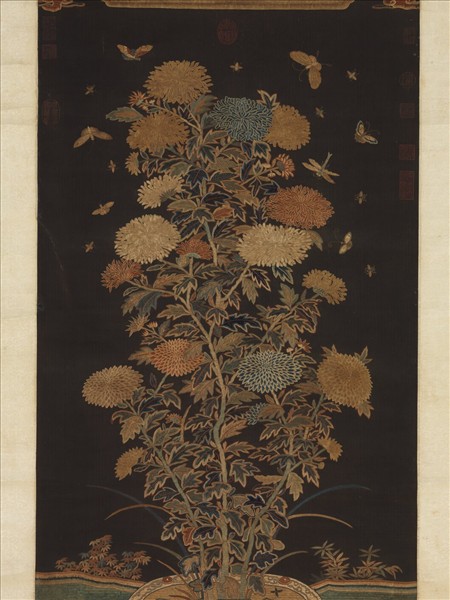 宋繡盆菊詩意簾　軸