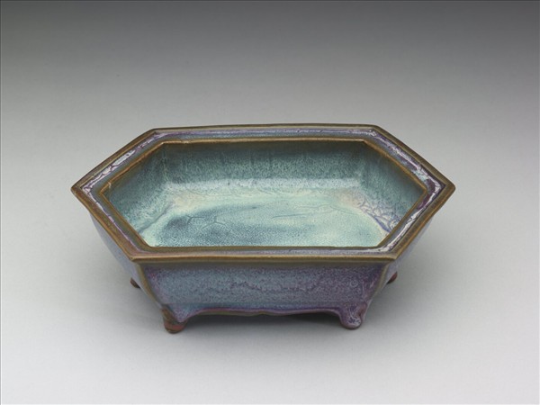 鈞窯 天青葡萄紫六方瓷盆托