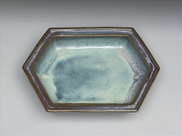 鈞窯 天青葡萄紫六方瓷盆托