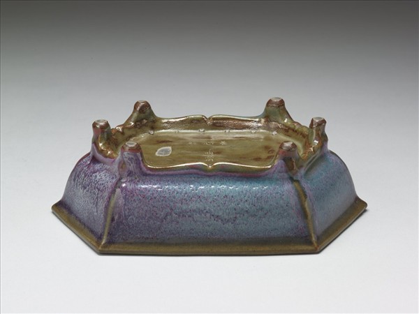 鈞窯 天青葡萄紫六方瓷盆托