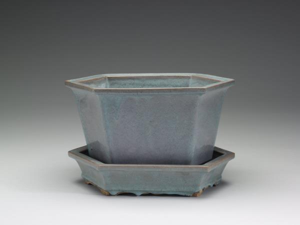 石灣窯 天藍釉六方花盆