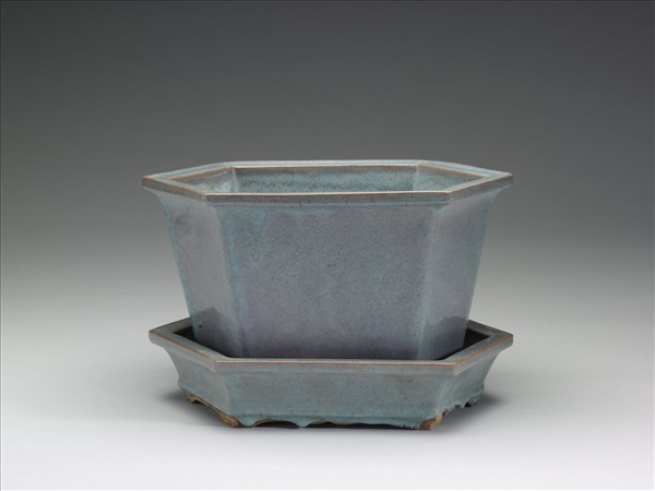 石灣窯 天藍釉六方盆托