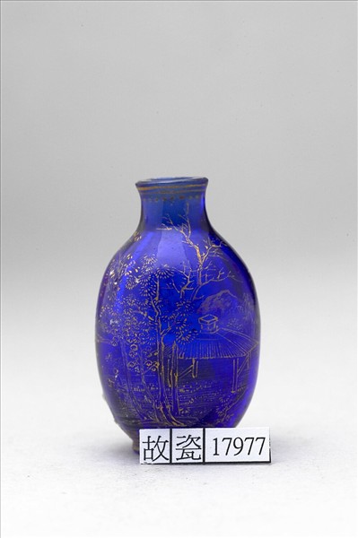 藍色玻璃描金山水鼻煙壺