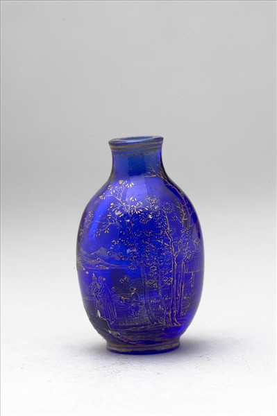 藍色玻璃描金山水鼻煙壺