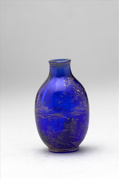 藍色玻璃描金山水鼻煙壺