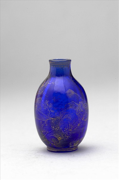 藍色玻璃描金山水鼻煙壺